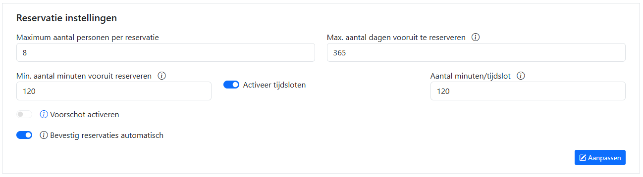 Reservatie-instelligen